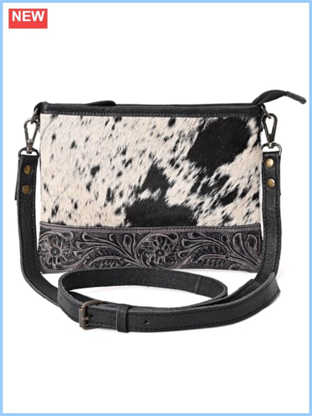 Cowhide Tooled Leather Small Crossbody Bag Adjustable Detachable Strap